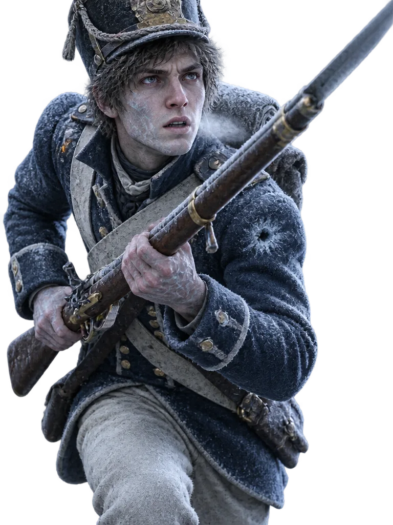 Private Tobias, prajurit muda dengan urat es biru di wajah, menerjang ke depan dengan musket bersangkur.